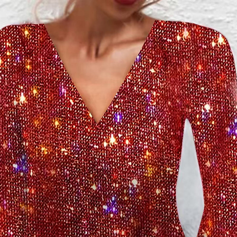 Elegant V-Neck Sparkly A-Line Midi Dress - Women's Solid Color Sequin Long Sleeve Party Dress For Evening