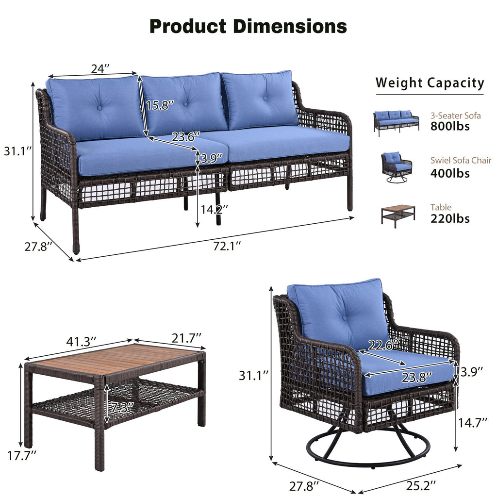 4 Pieces Patio Furniture Set with Swivel Chairs, Outdoor Wicker Sofas