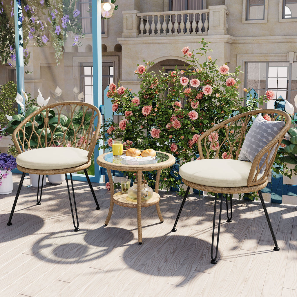 Outdoor Leisure Set, 2 Rattan Single Chairs with A Glass Round Table,