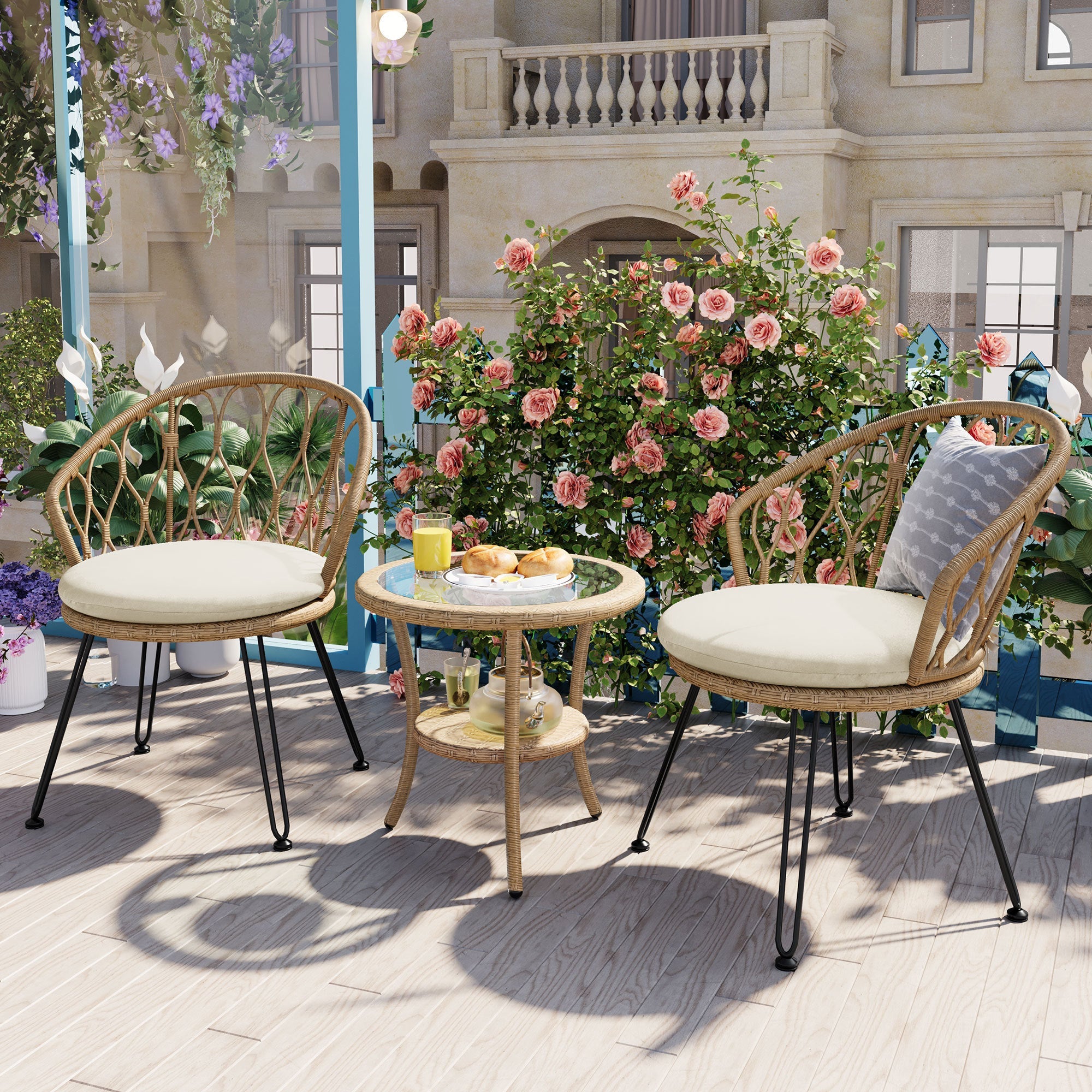 Outdoor Leisure Set, 2 Rattan Single Chairs with A Glass Round Table,