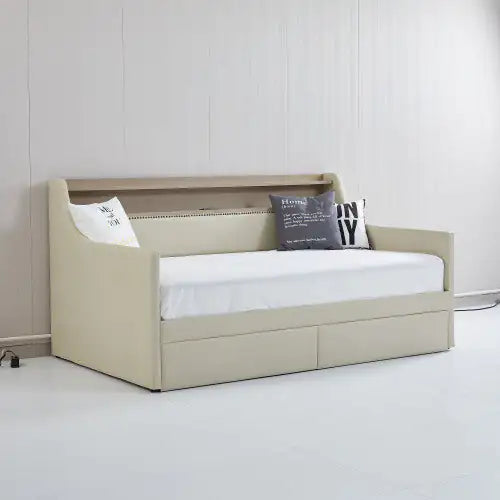 Twin Size Daybed With Storage Drawers, Upholstered Daybed With Charging Station And LED Lights, Beige
