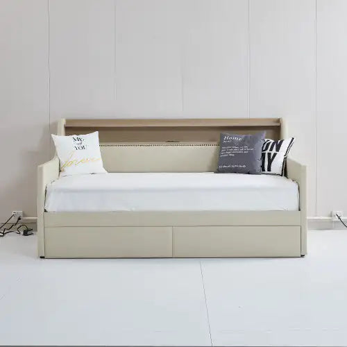 Twin Size Daybed With Storage Drawers, Upholstered Daybed With Charging Station And LED Lights, Beige
