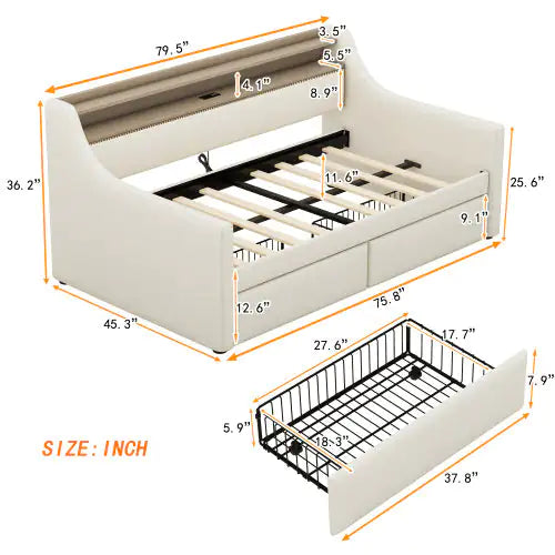 Twin Size Daybed With Storage Drawers, Upholstered Daybed With Charging Station And LED Lights, Beige