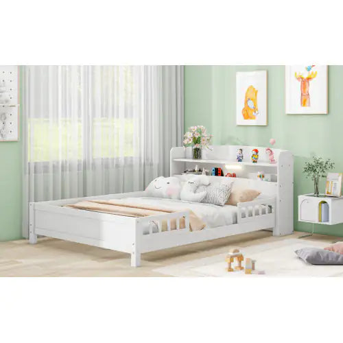 Wood Full Size Platform Bed With Built-in LED Light, Storage Headboard And Guardrail, White