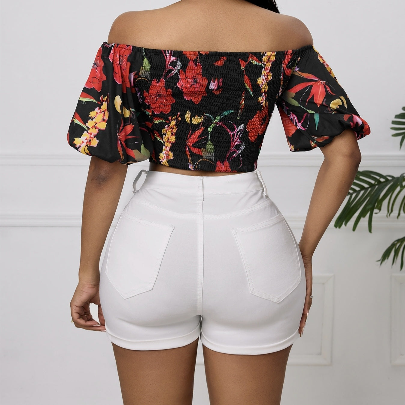 Ladies' Summer New Cross Wrapped Chest Lantern Sleeve Short Flower