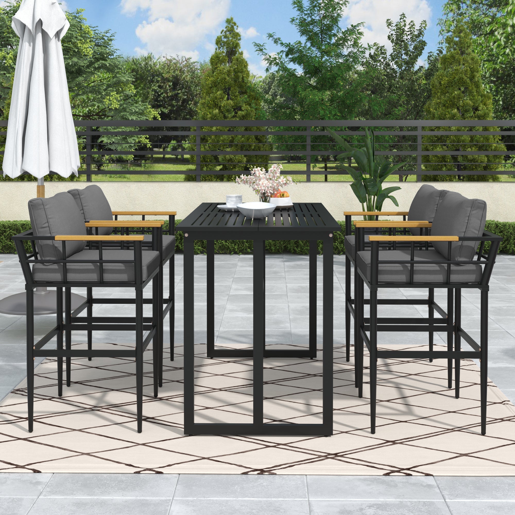 Iron Outdoor Dining Set with Acacia Wood Armrest Suitable For Patio,