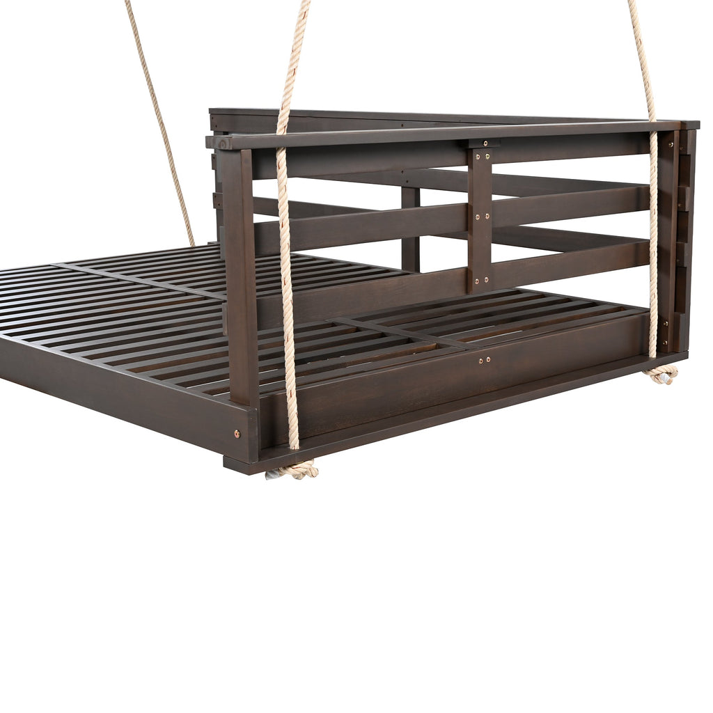 Acacia Wood Porch Swing Bed for Outdoor with Hemp Ropes - Full Size
