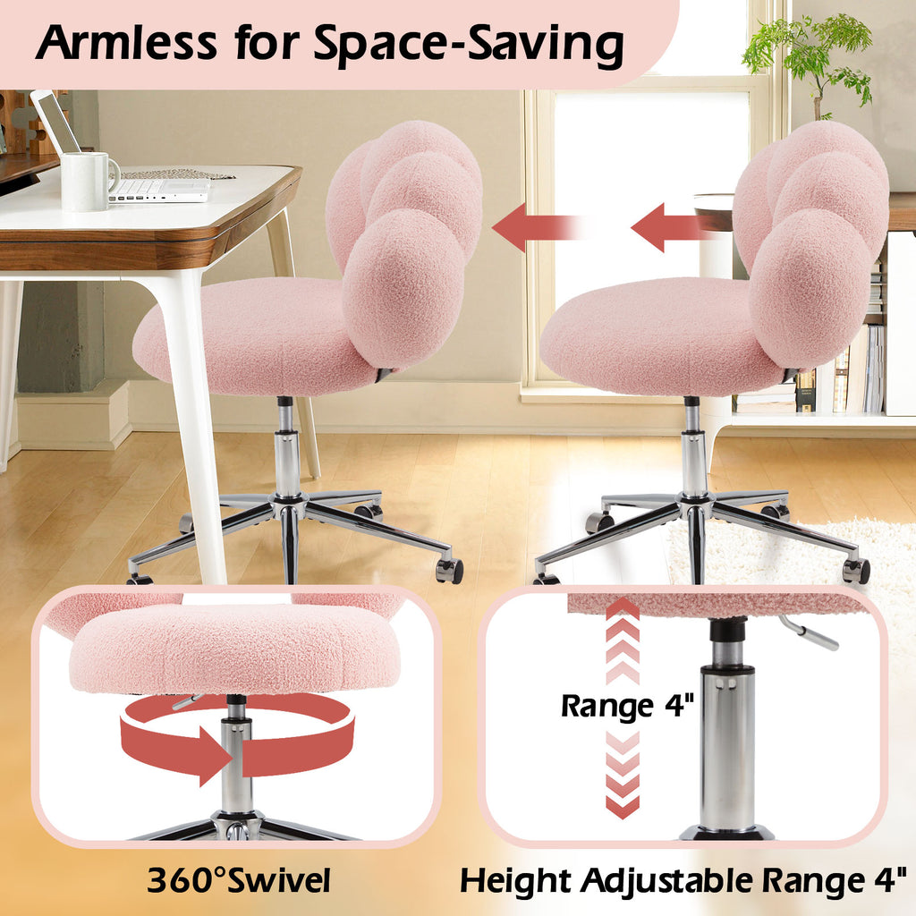 Armless Desk Chair Teddy Fabric Vanity Chair With Wheel