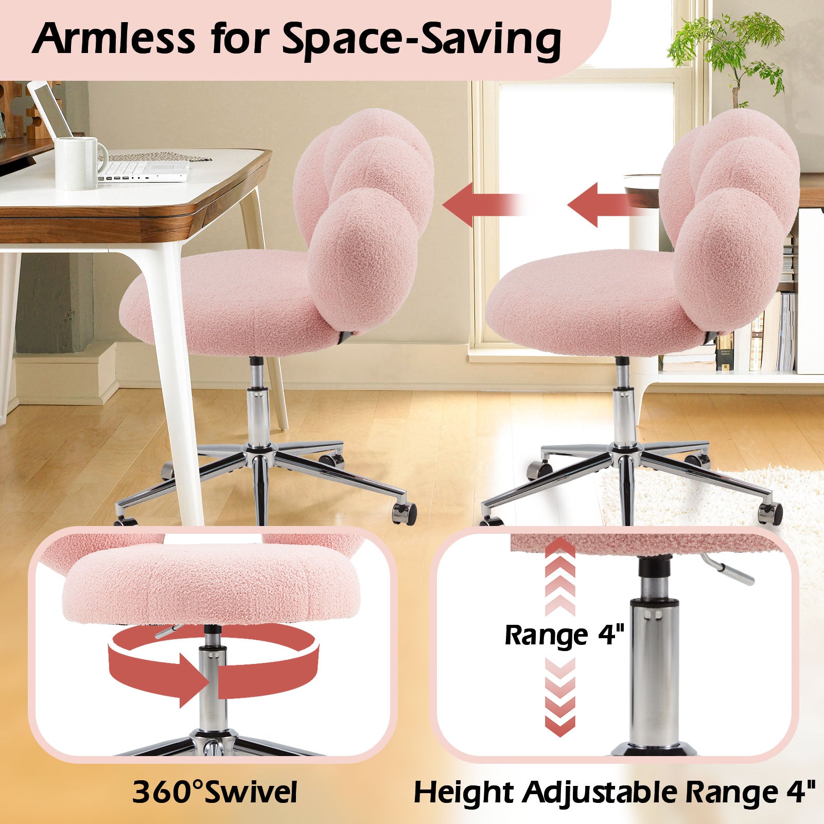 Armless Desk Chair Teddy Fabric Vanity Chair With Wheel