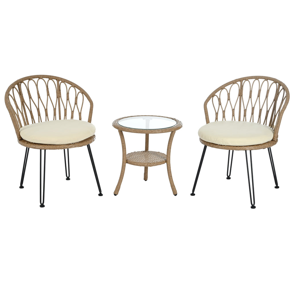 Outdoor Leisure Set, 2 Rattan Single Chairs with A Glass Round Table,