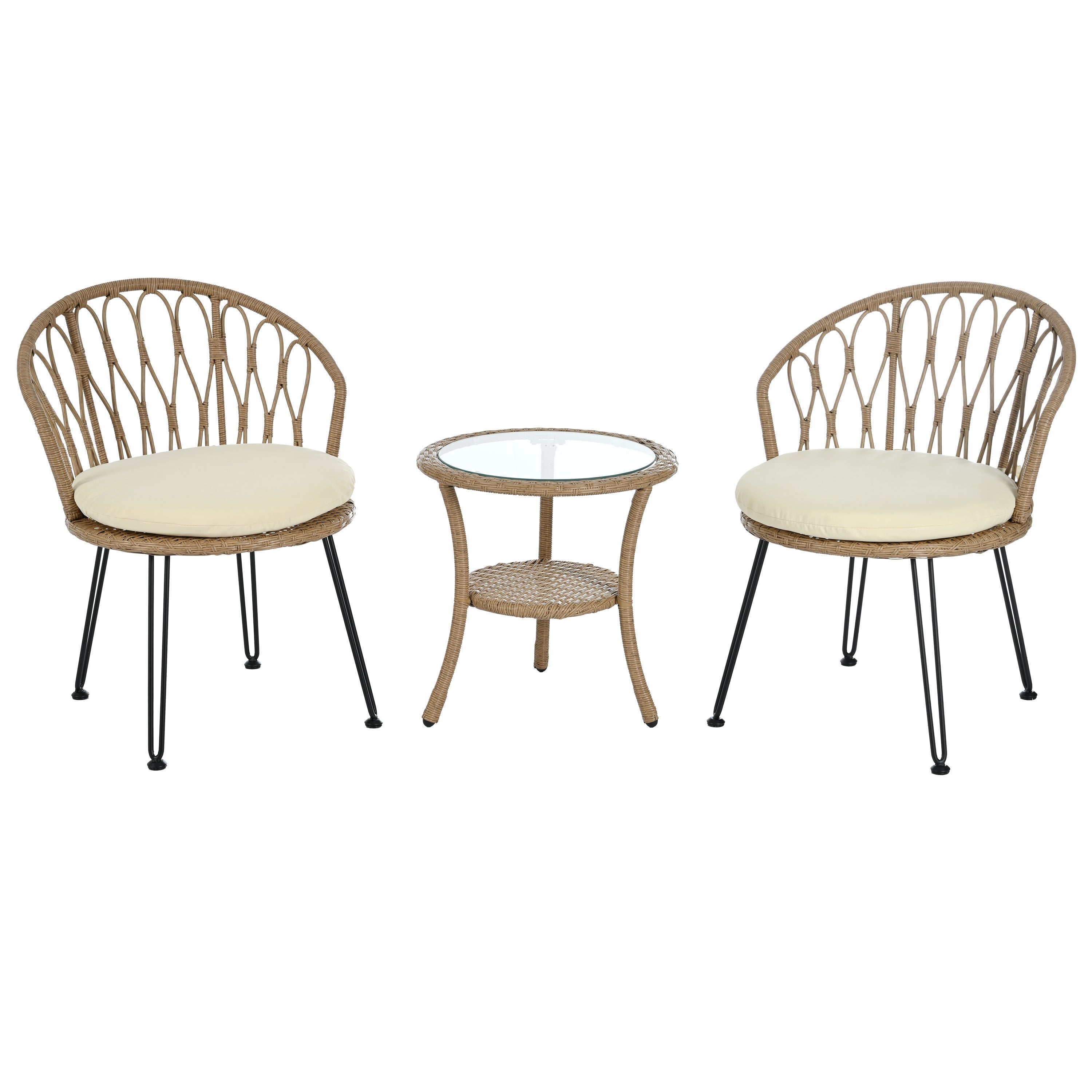 Outdoor Leisure Set, 2 Rattan Single Chairs with A Glass Round Table,