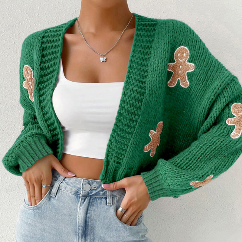 Gingerbread Man Knit Cardigan - Women's Solid V-Neck Ribbed Cuffed Short Sweater, Casual Spring Autumn Polyester Top