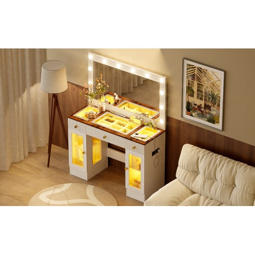 43.3 Vanity Desk With Large Mirror And Hollywood Bulbs, Modern Glass Top Makeup Vanity With Drawers And Power Outlet, Large Dressing Table With 3 Color Lighting Modes & RGB Cabinets For Bedroom