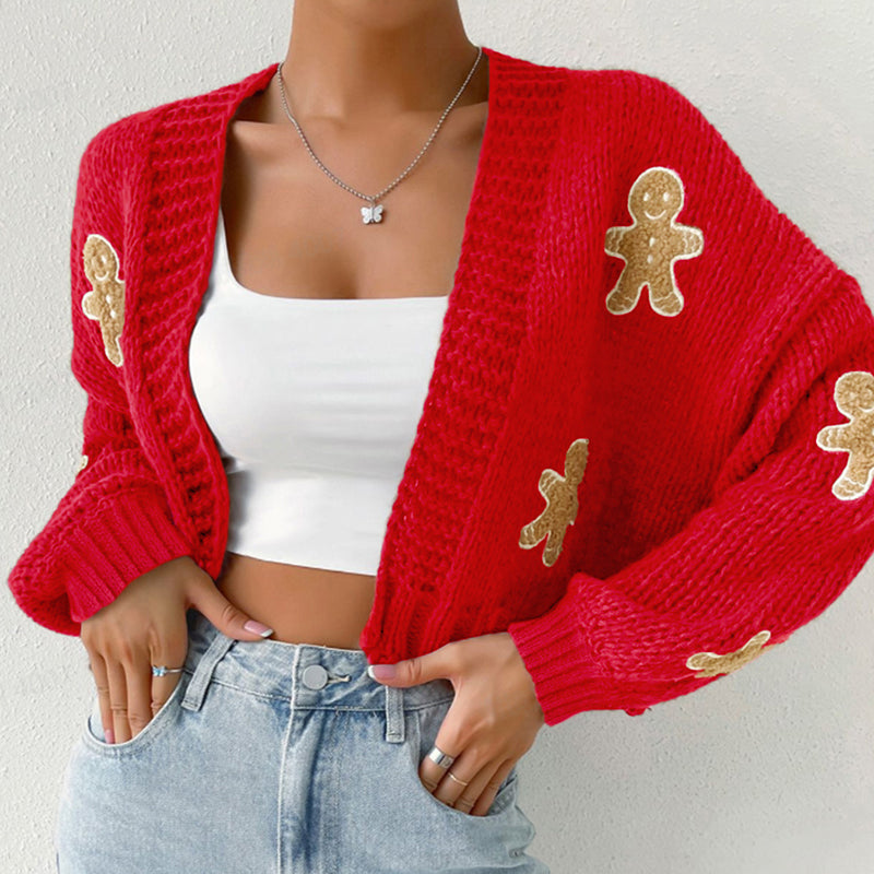 Gingerbread Man Knit Cardigan - Women's Solid V-Neck Ribbed Cuffed Short Sweater, Casual Spring Autumn Polyester Top