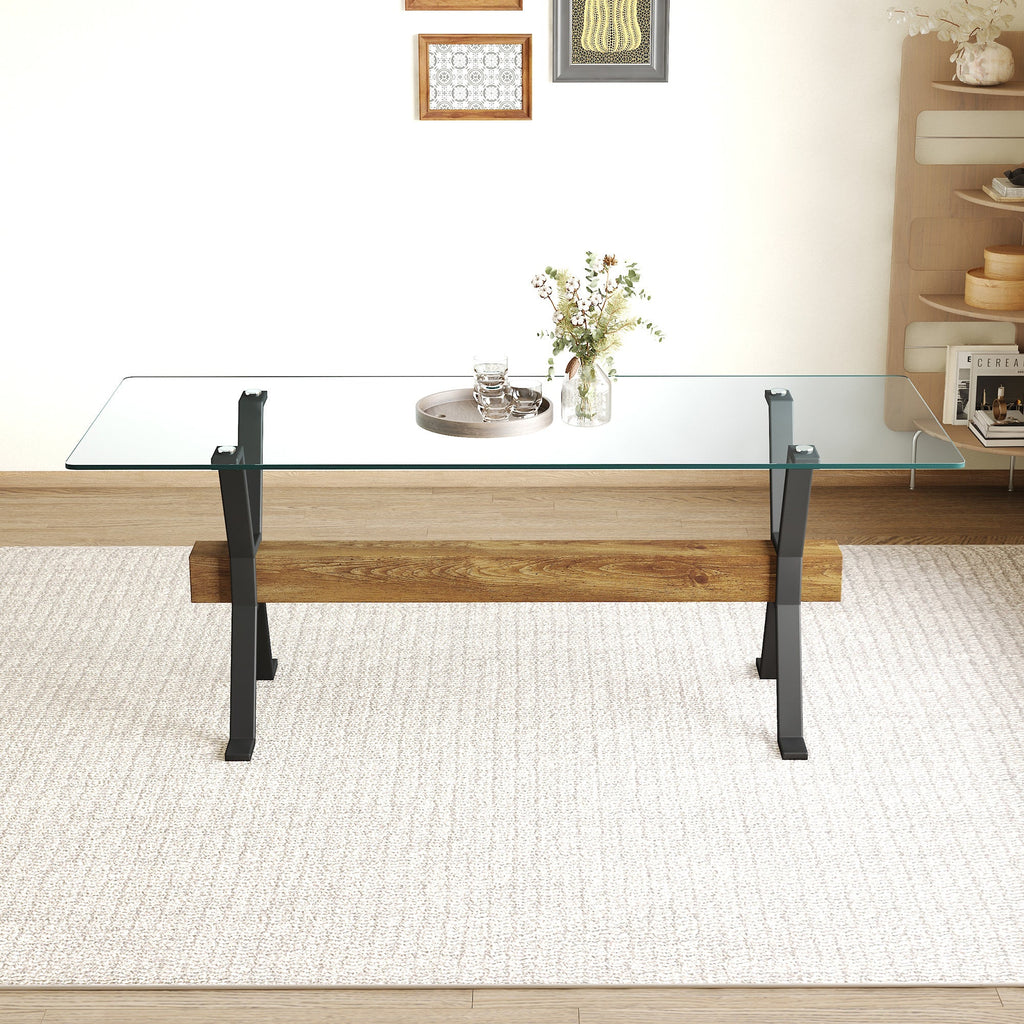 Elegant Transparent Tempered Glass Dining Table with X-shaped Black