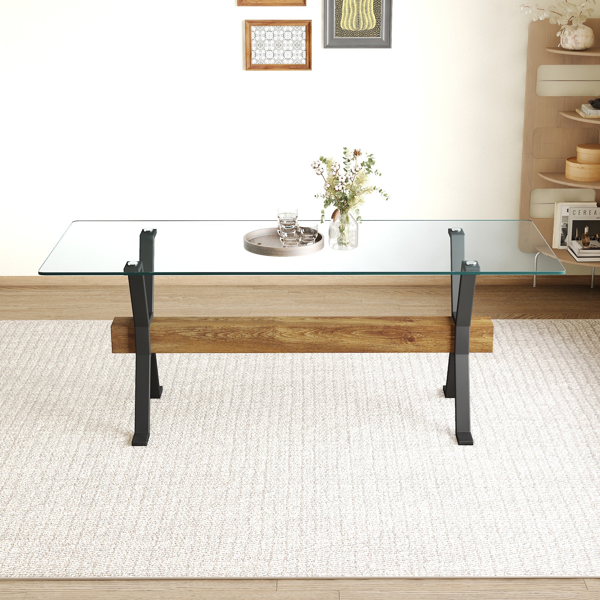 Elegant Transparent Tempered Glass Dining Table with X-shaped Black