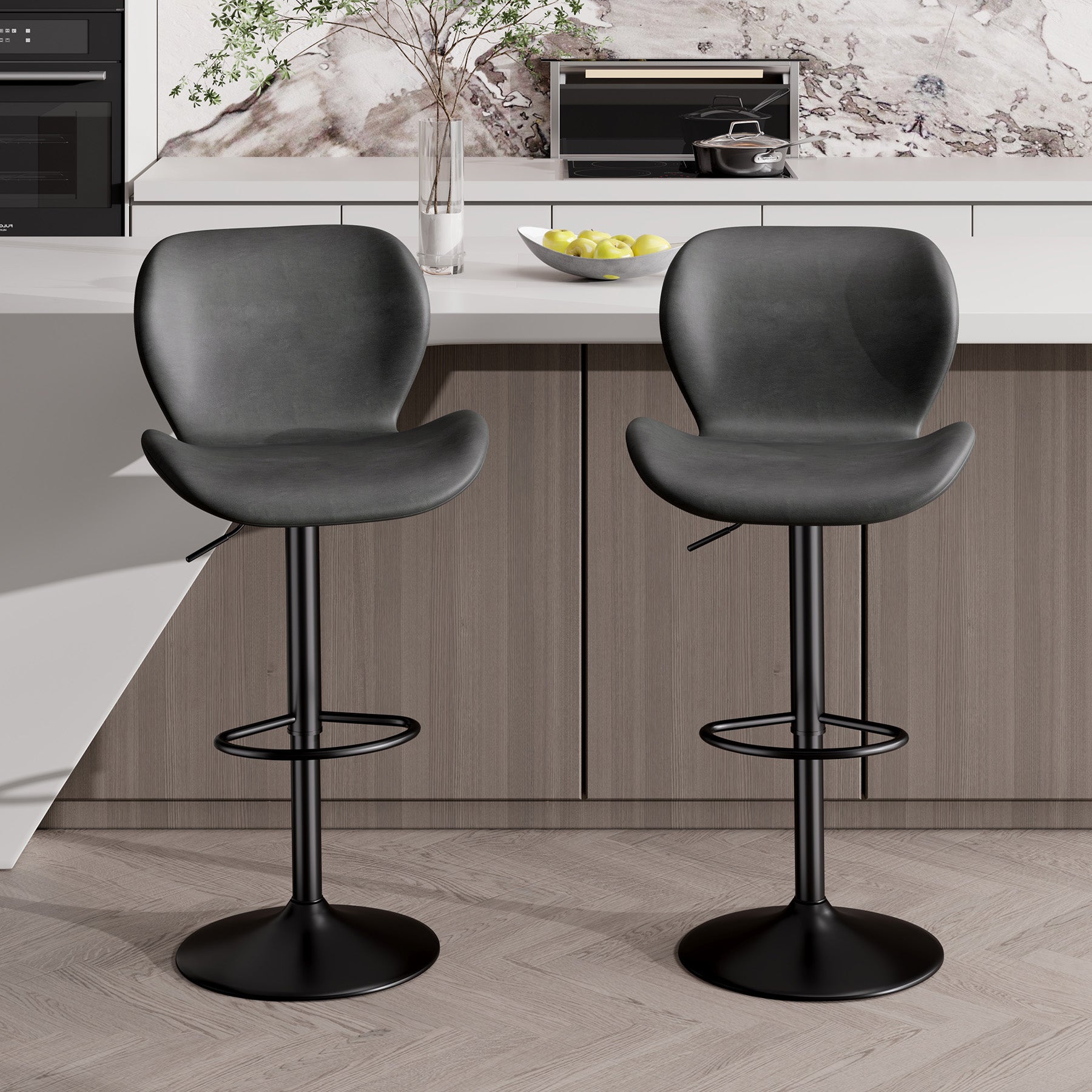 Bar Stools Set Of 2,PU Leather Upholstered Barstools With Back & Footrest, Seat Adjustable Height 22.2-31IN Counter Height Bar Chairs For Bar Kitchen Island