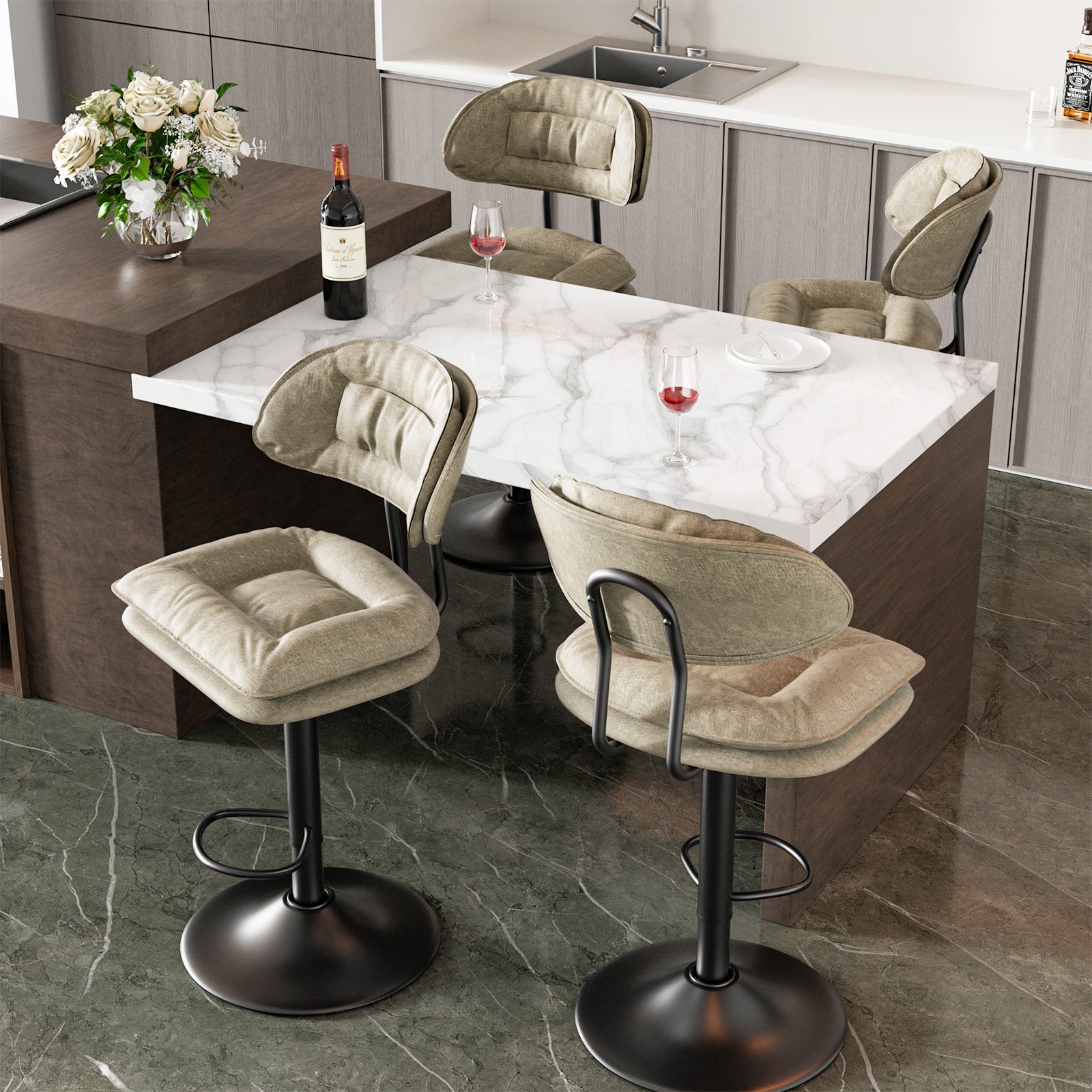 Modern Bar Stools Set Of 2, Double-Layer Adjustable Bar Stools With Back, Ergonomic Upholstered Fabric Swivel Barstools For Kitchen Island