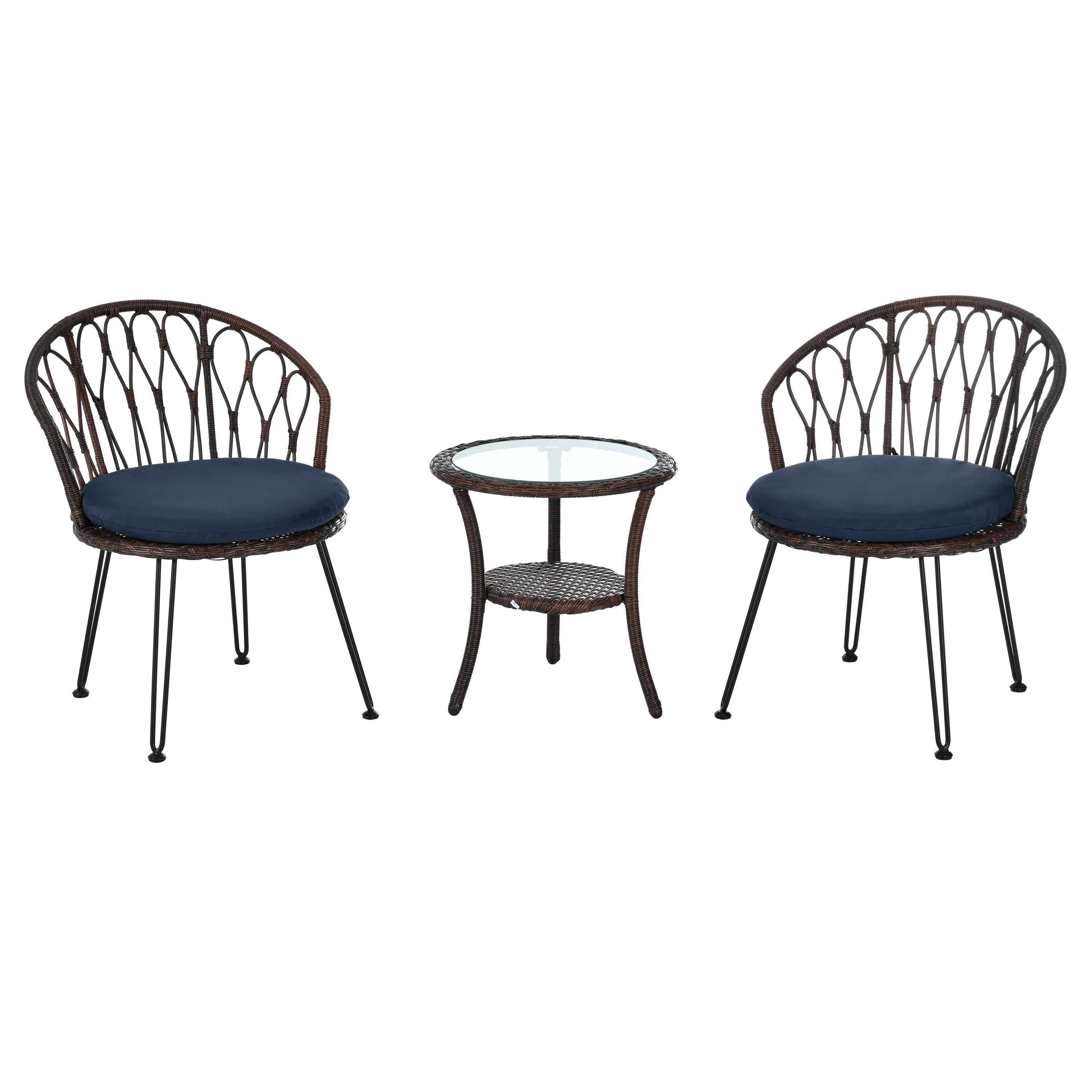 Outdoor Leisure Set, 2 Rattan Single Chairs with A Glass Round Table,