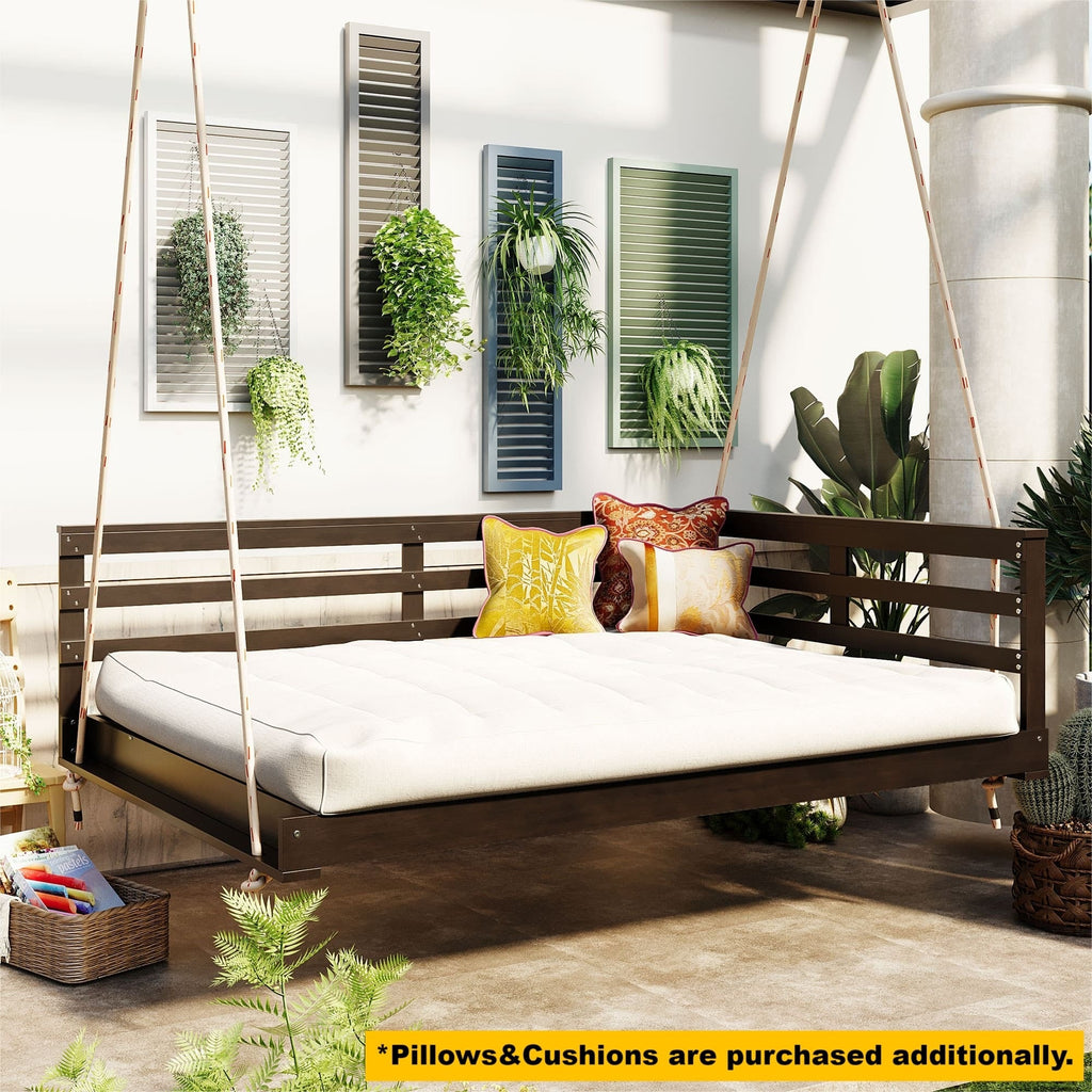 Acacia Wood Porch Swing Bed for Outdoor with Hemp Ropes - Full Size