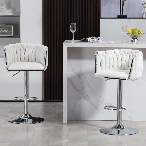 360 Fabric Cover Swivel Bar Stools Set Of 2, Adjustable Counter Height Bar Chairs With Woven Back & Footrest, Silver Chromed Bar Stools For Kitchen Island, Cafe, Pub