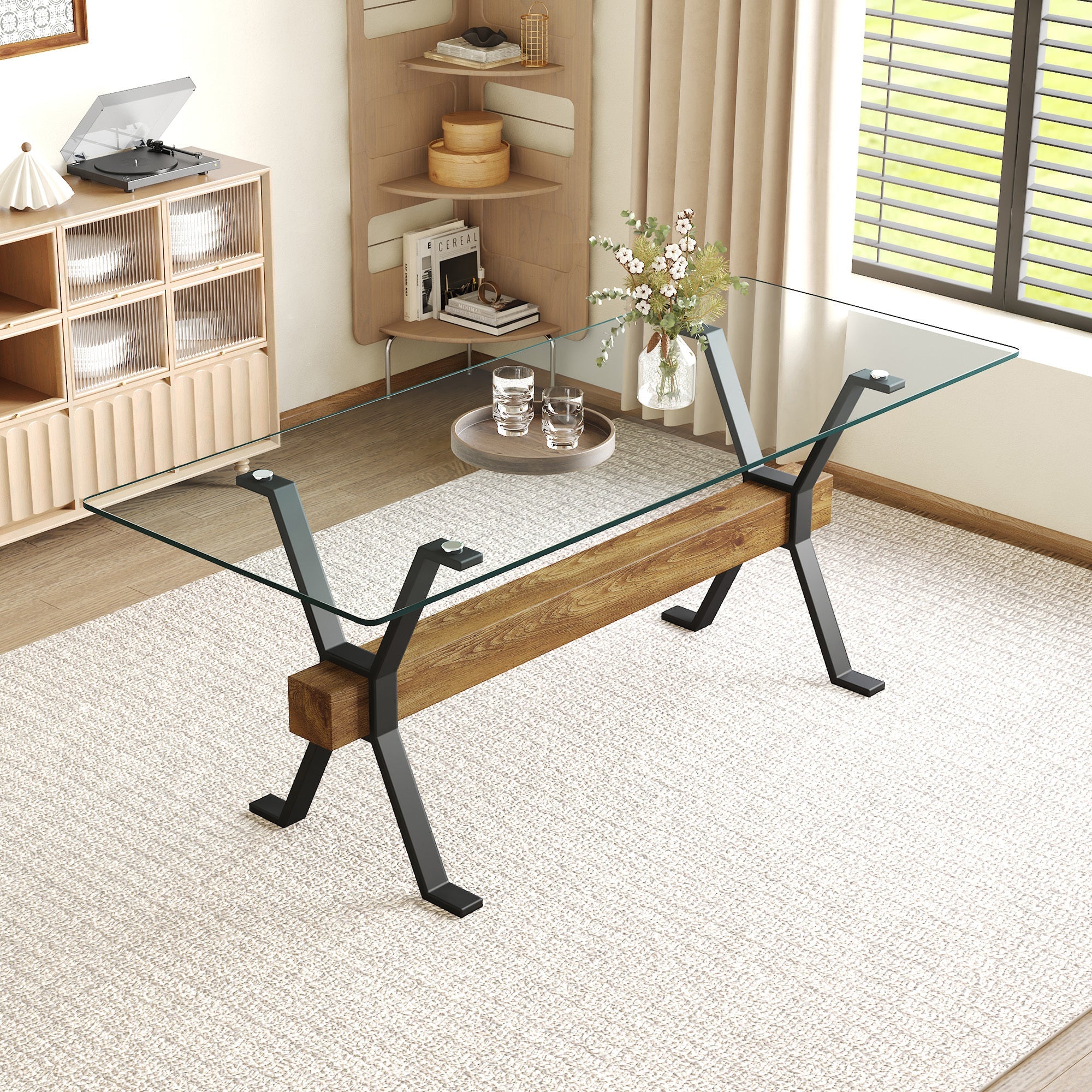 Elegant Transparent Tempered Glass Dining Table with X-shaped Black