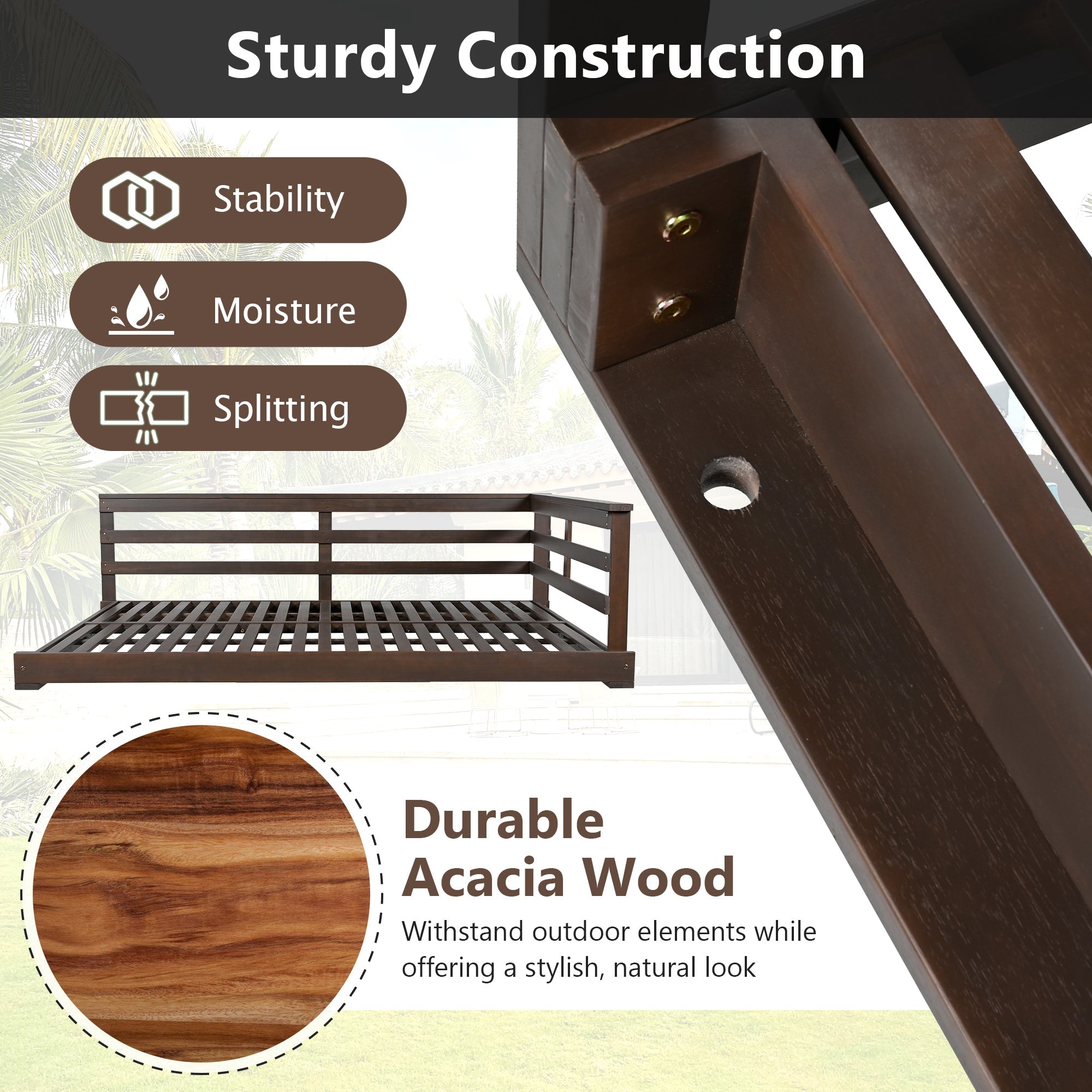 Acacia Wood Porch Swing Bed for Outdoor with Hemp Ropes - Full Size