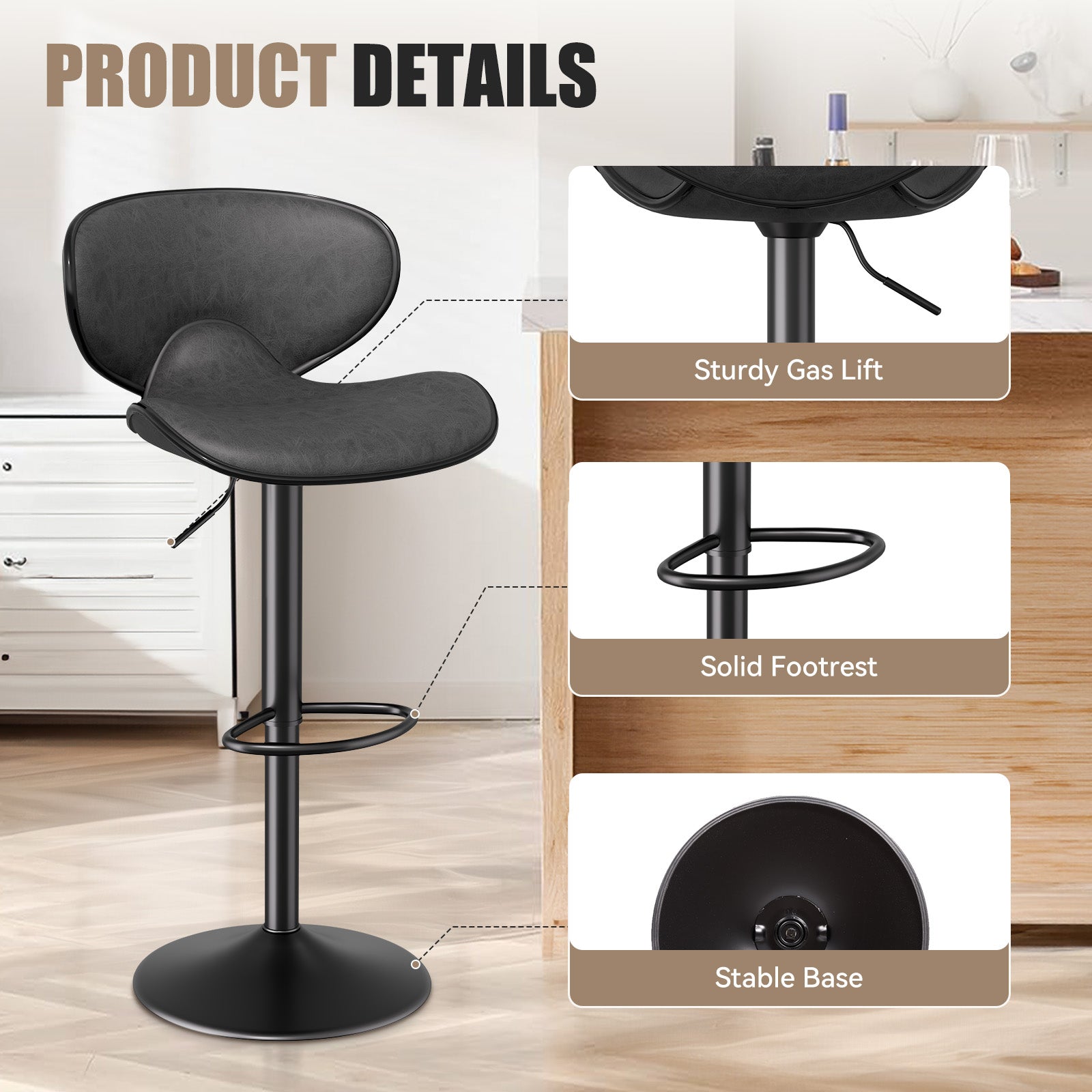 Nalupatio Modern Ergonomic Adjustable Bar Stools With PU Leather And Large Base Set Of 2