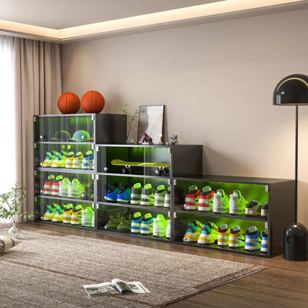 Black LED Light Shoe Box With Three Layers And Glass Door