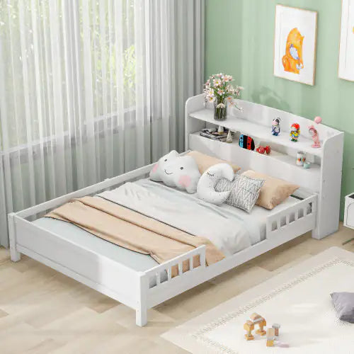 Wood Full Size Platform Bed With Built-in LED Light, Storage Headboard And Guardrail, White