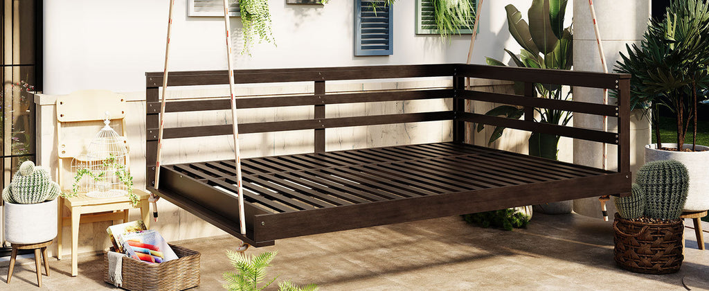 Acacia Wood Porch Swing Bed for Outdoor with Hemp Ropes - Full Size