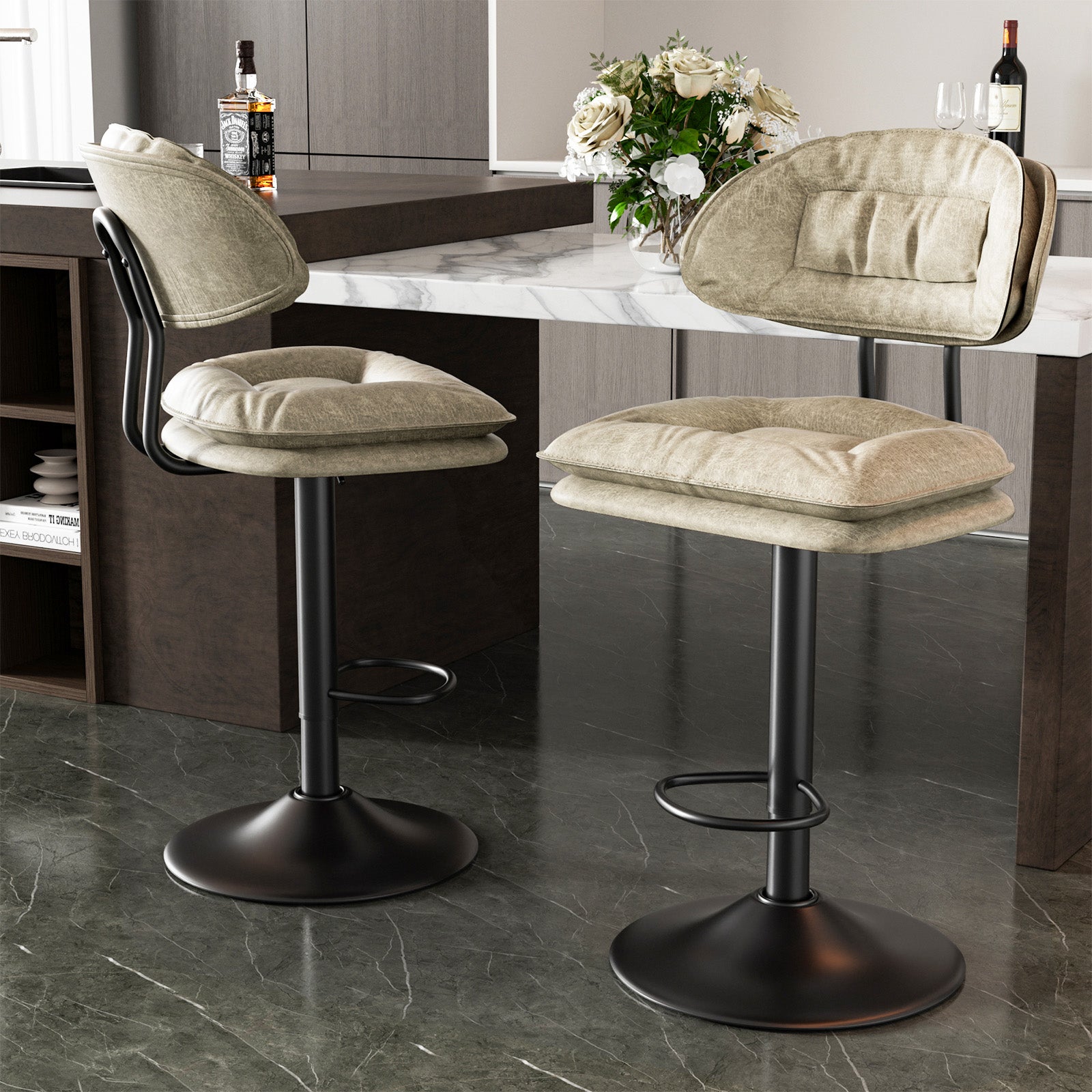Modern Bar Stools Set Of 2, Double-Layer Adjustable Bar Stools With Back, Ergonomic Upholstered Fabric Swivel Barstools For Kitchen Island