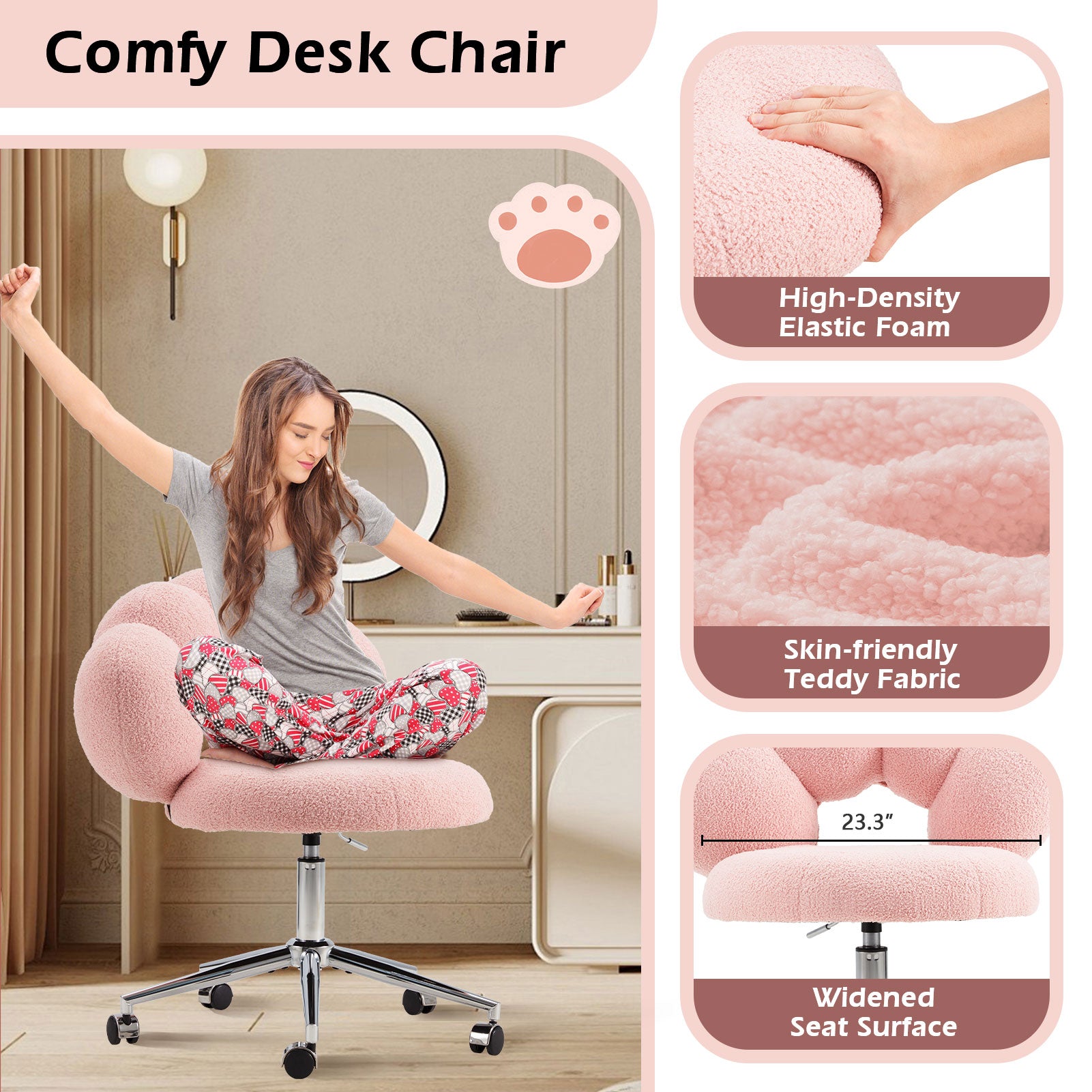 Armless Desk Chair Teddy Fabric Vanity Chair With Wheel