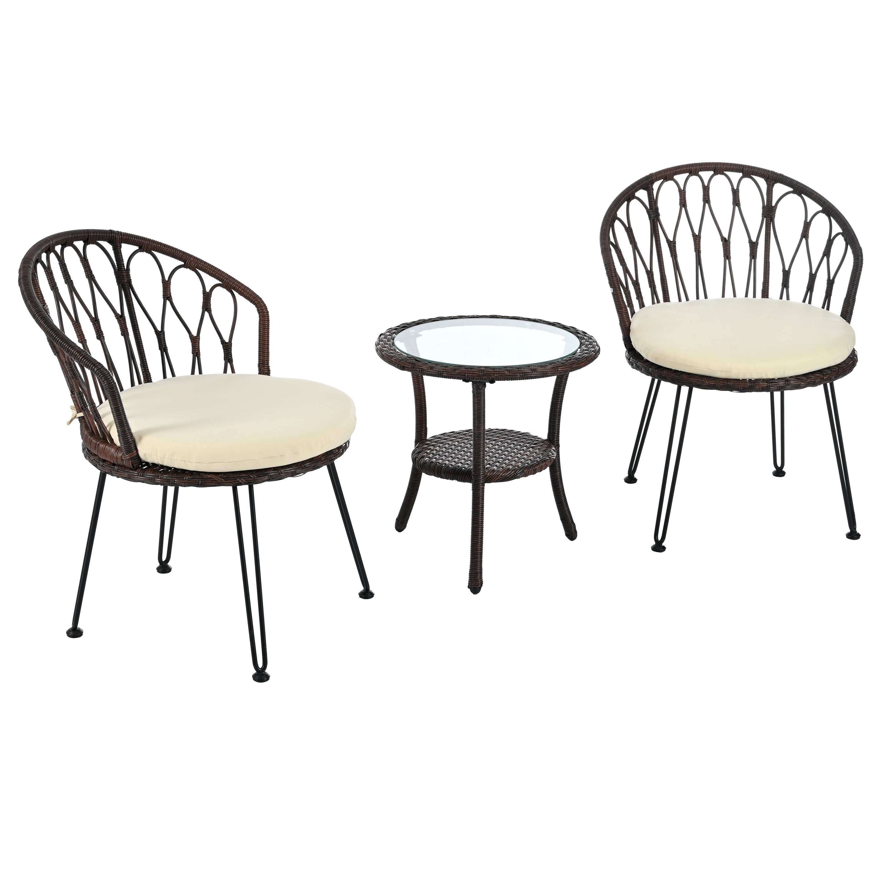 Outdoor Leisure Set, 2 Rattan Single Chairs with A Glass Round Table,