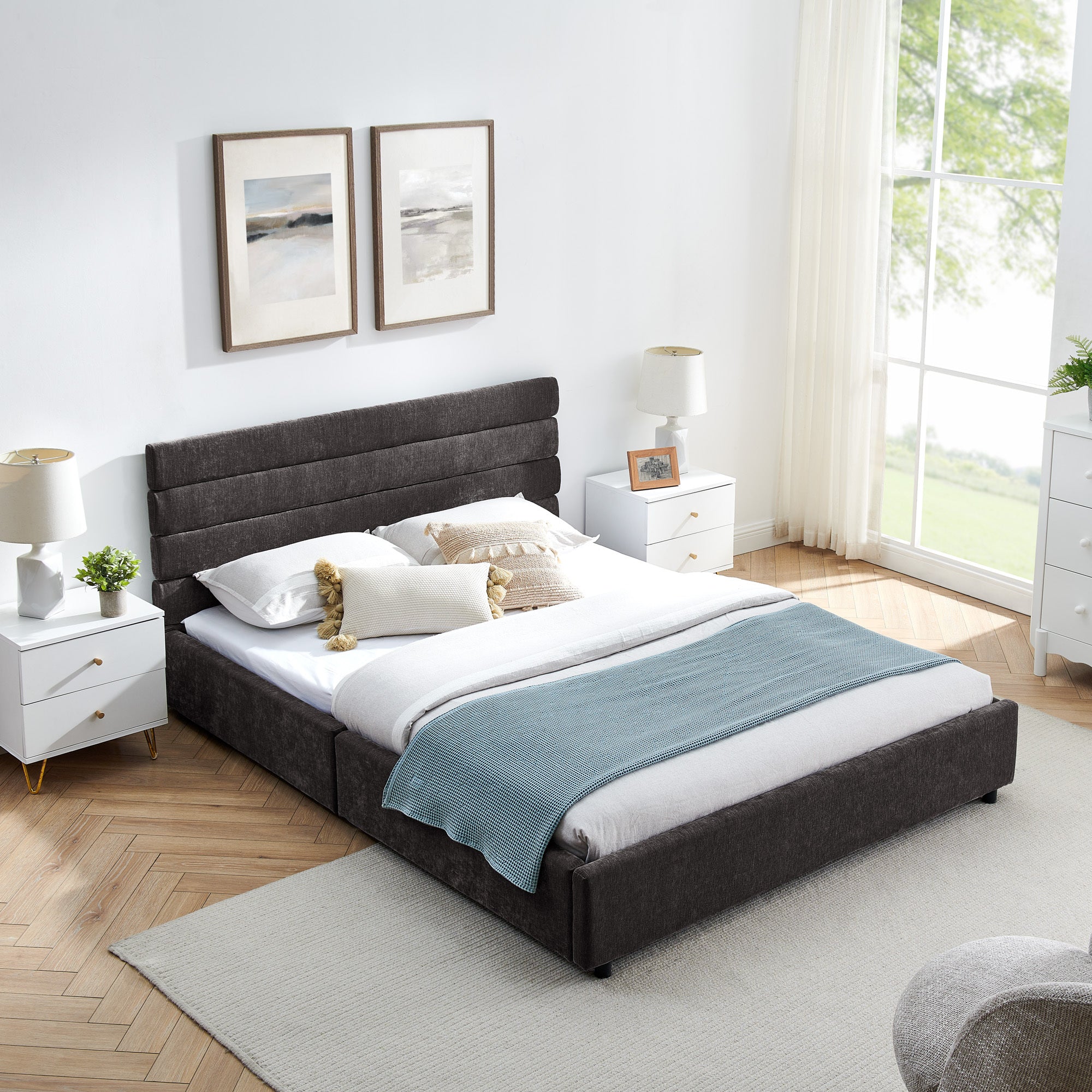Queen size cushioned bed, comfortable cushioned bed frame, headboard