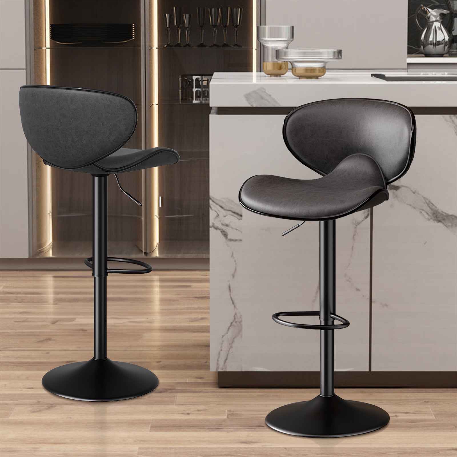 Nalupatio Modern Ergonomic Adjustable Bar Stools With PU Leather And Large Base Set Of 2