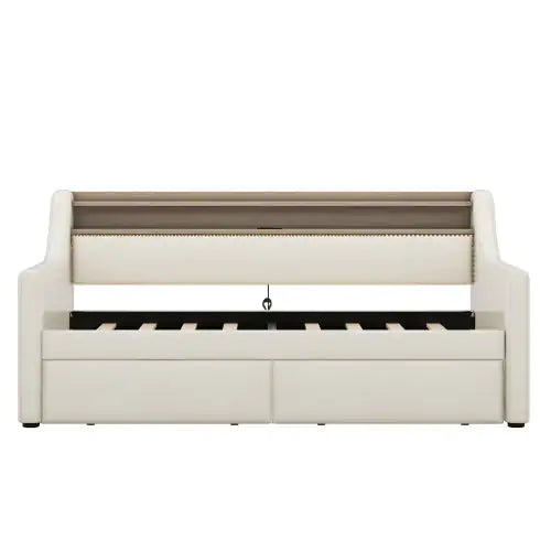Twin Size Daybed With Storage Drawers, Upholstered Daybed With Charging Station And LED Lights, Beige