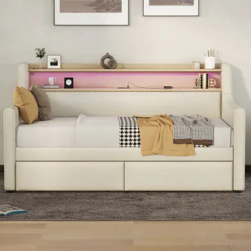 Twin Size Daybed With Storage Drawers, Upholstered Daybed With Charging Station And LED Lights, Beige
